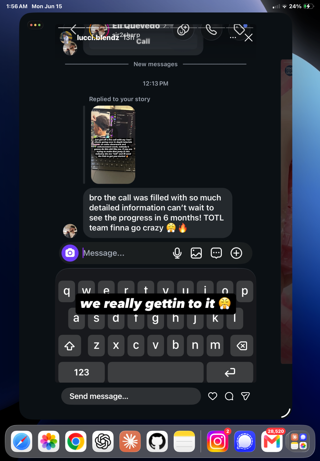 Instagram DM testimonial: the call was filled with so much detailed information, can't wait to see the progress in 6 months. TOTL team finna go crazy.